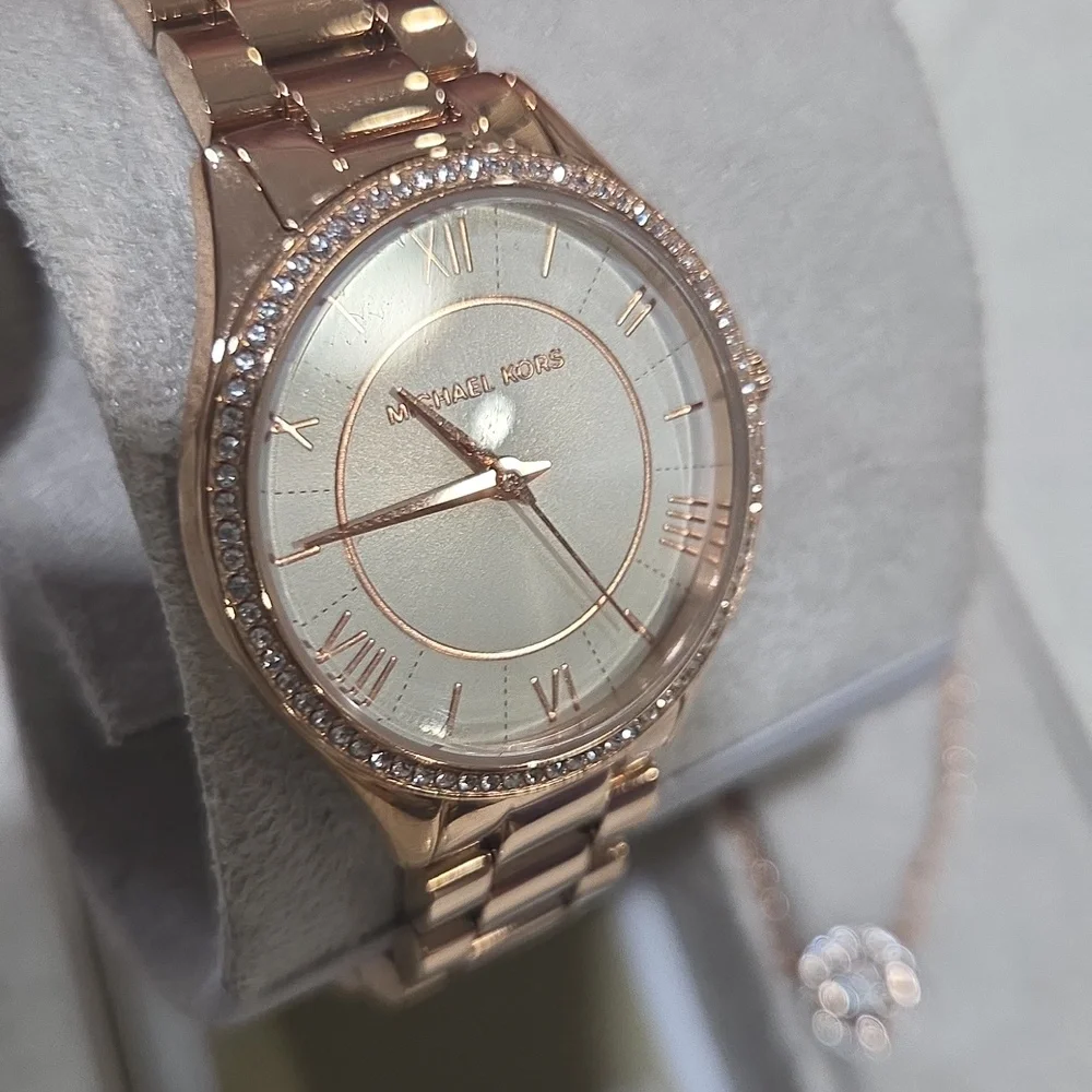 Michael Kors Lauryn Three-Hand Rose Gold Stainless Steel Watch Earring Necklace